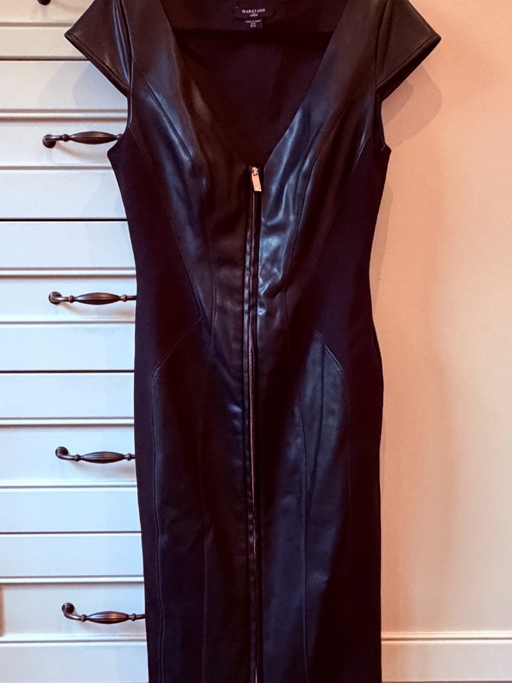 Marciano Black Faux Leather Zip-Front Midi Dress